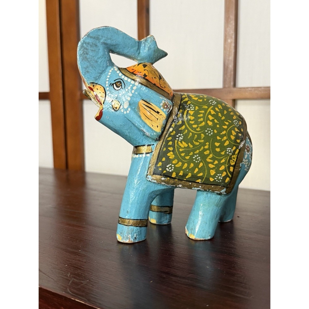 Eclectic India Elephant Ornate Hand Painted Good Luck Sculpture Trunk Up Boho